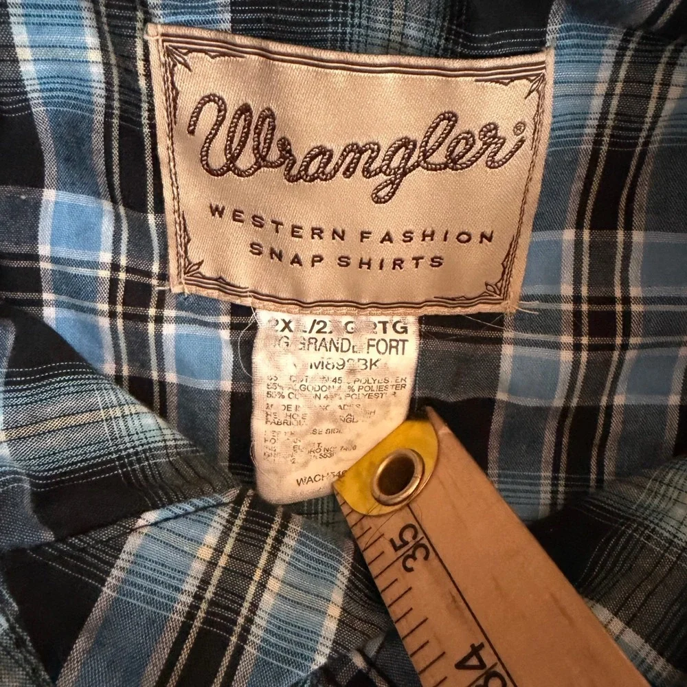 Wrangler Mens Western Snap Shirt 2XL Blue Black Plaid Short Sleeve Pearl Snap